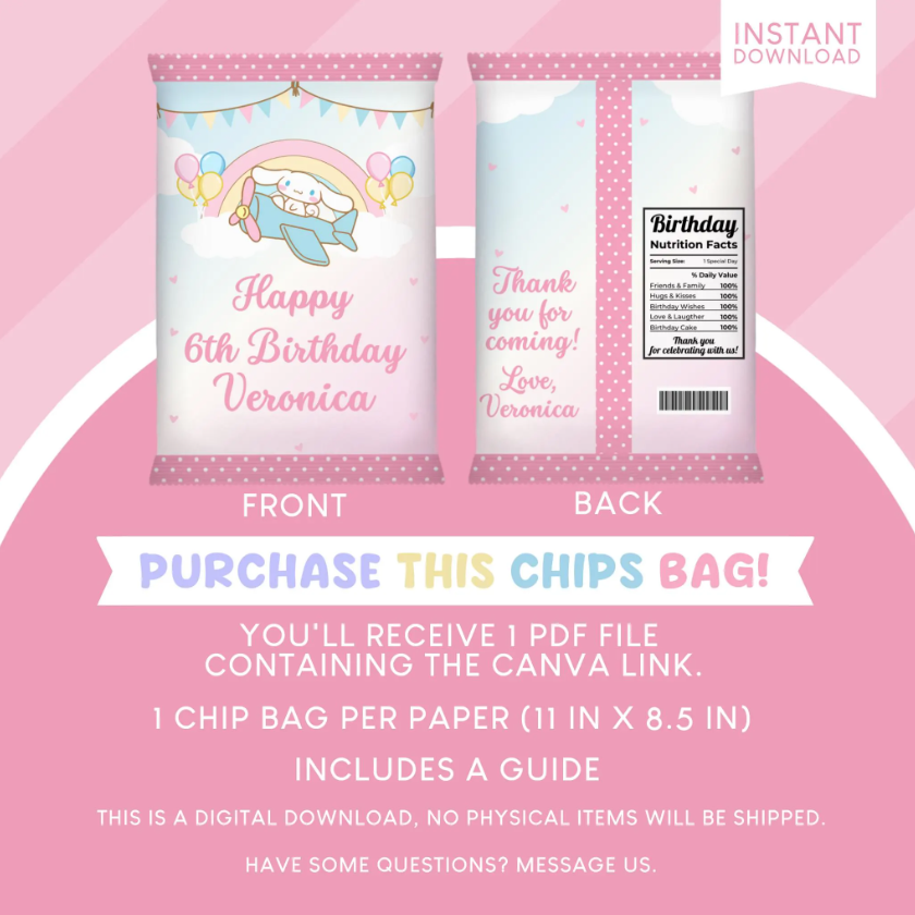 Cinnamoroll Birthday Party Favor Chip Bag