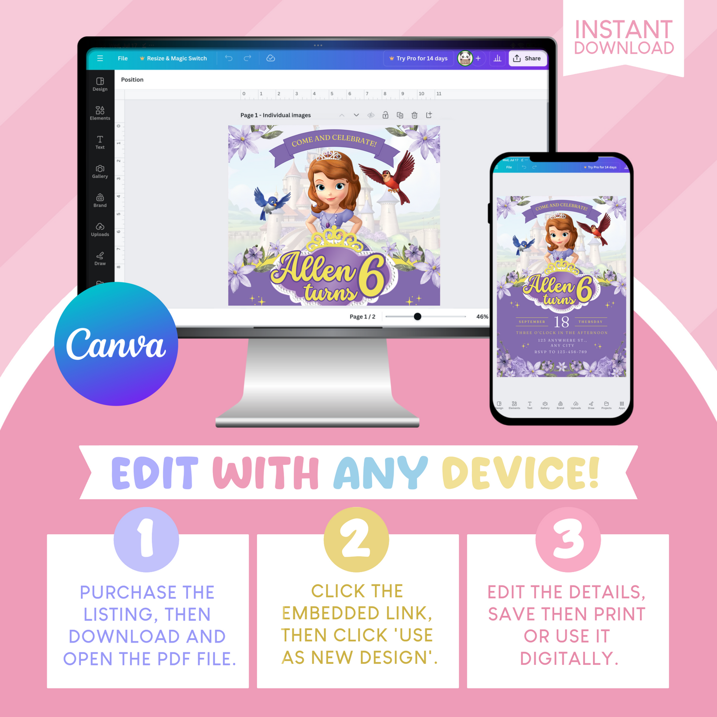 Sofia the First Birthday Party Invitation
