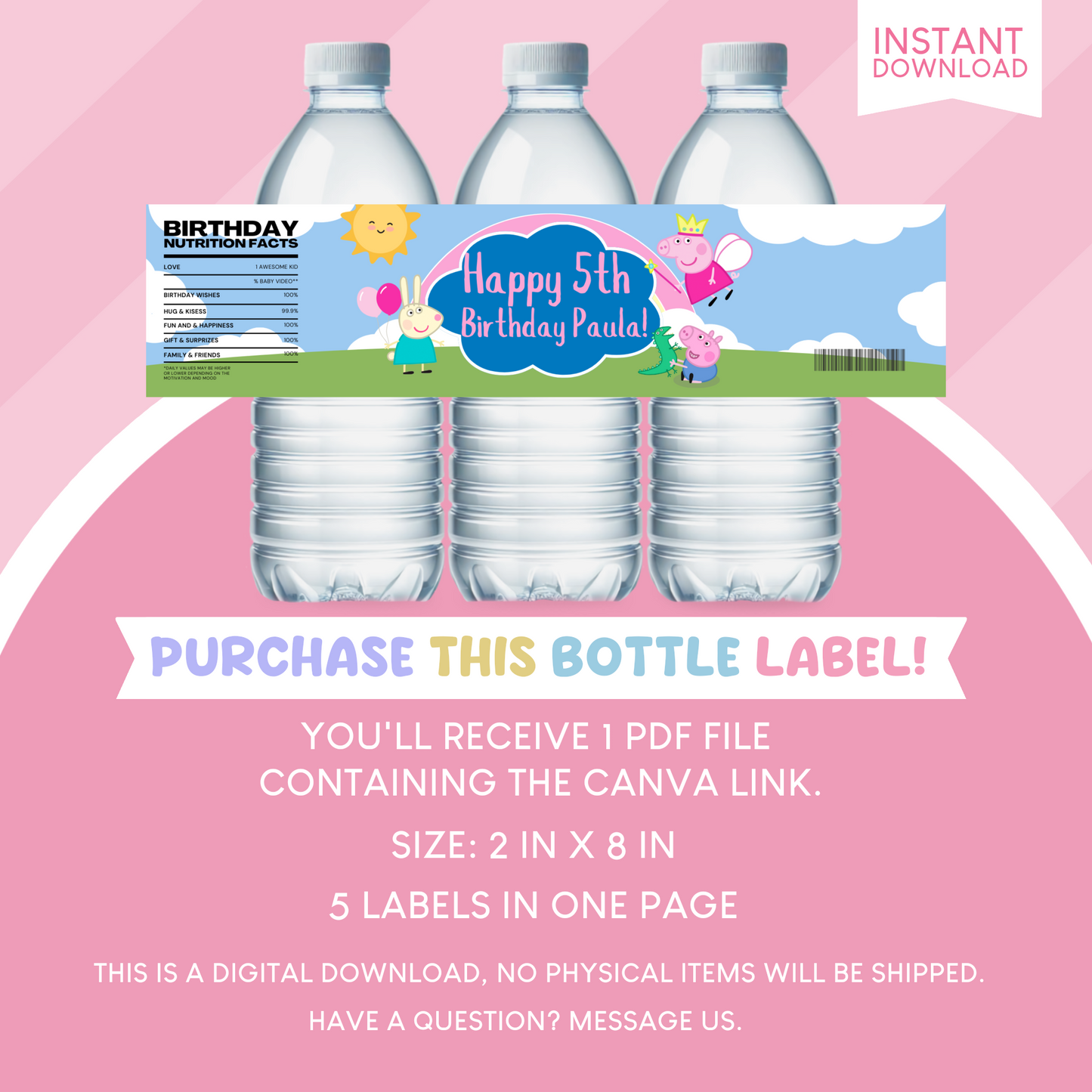 Peppa Pig Birthday Party Favor Water Bottle