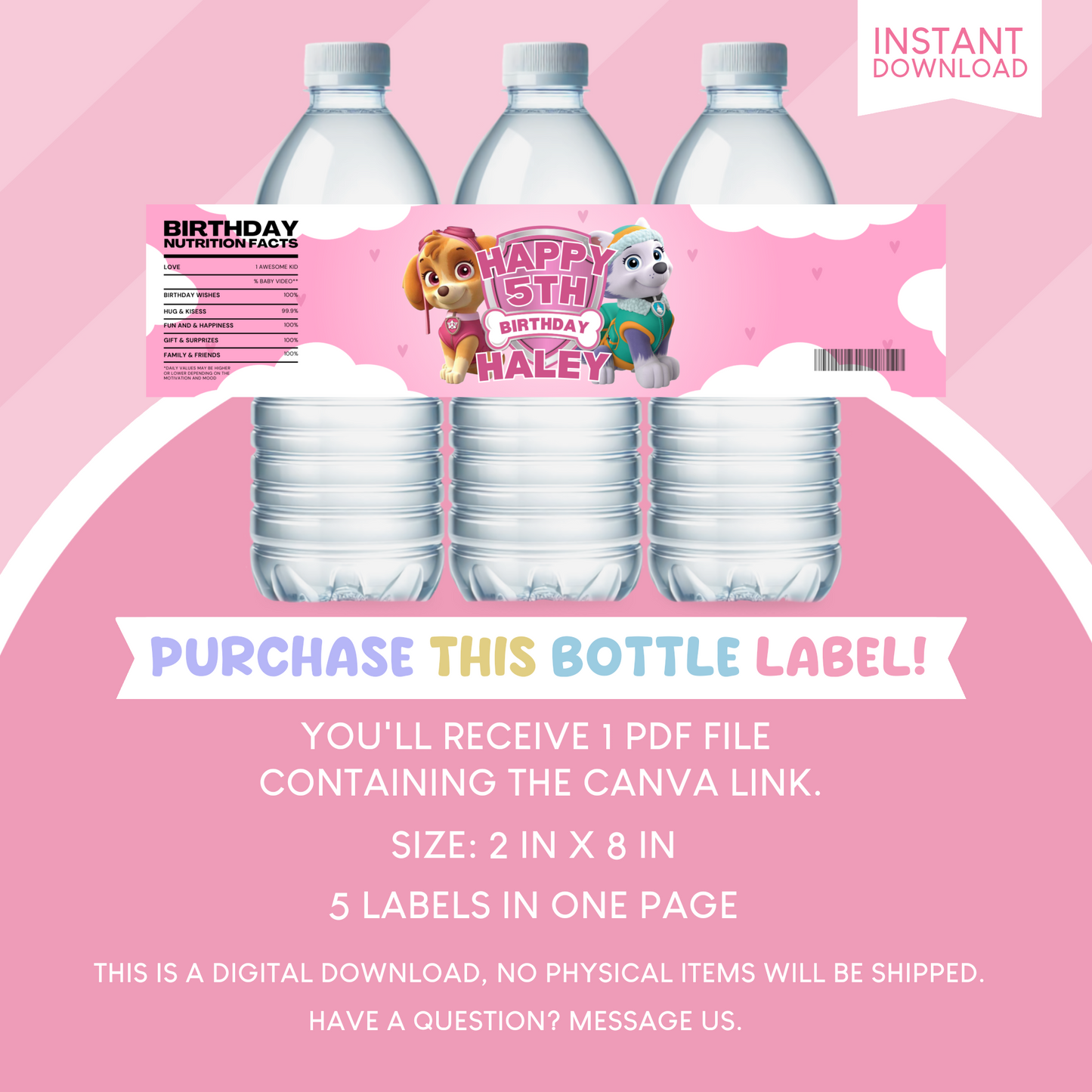 Paw Patrol Birthday Party Favor Water Bottle