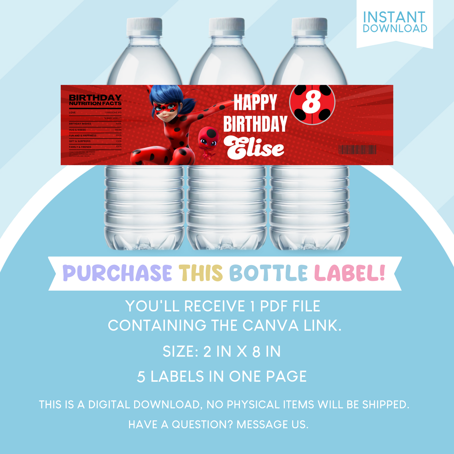 Miraculous Ladybug Birthday Party Favor Water Bottle