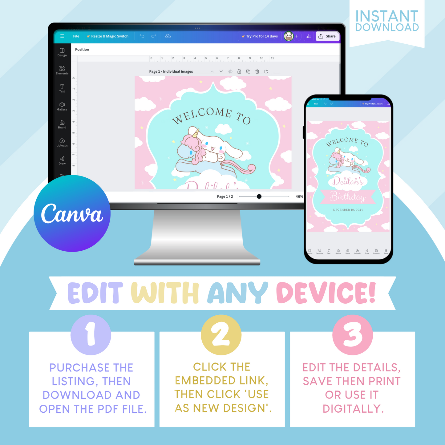 Cinnamoroll Birthday Party Welcome Sign Poster