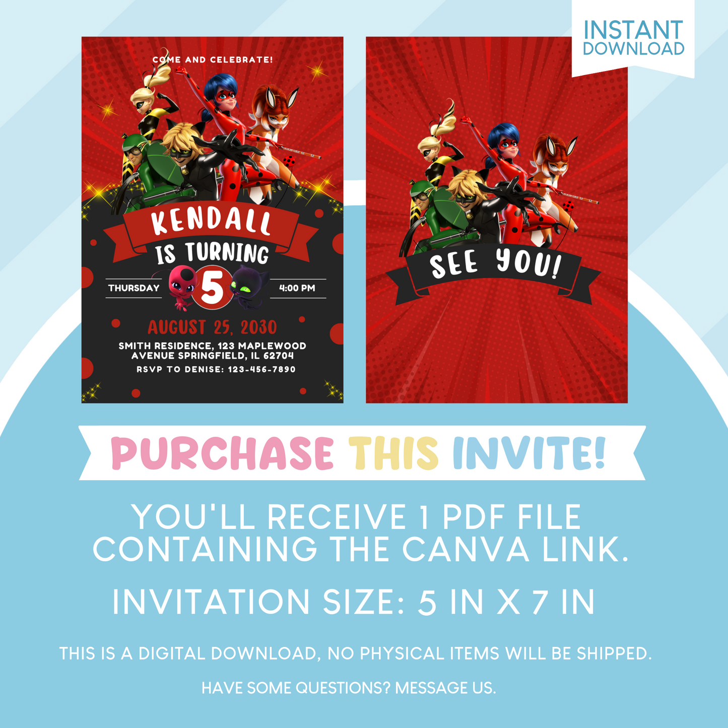Miraculous Ladybug Birthday Party Invitation
