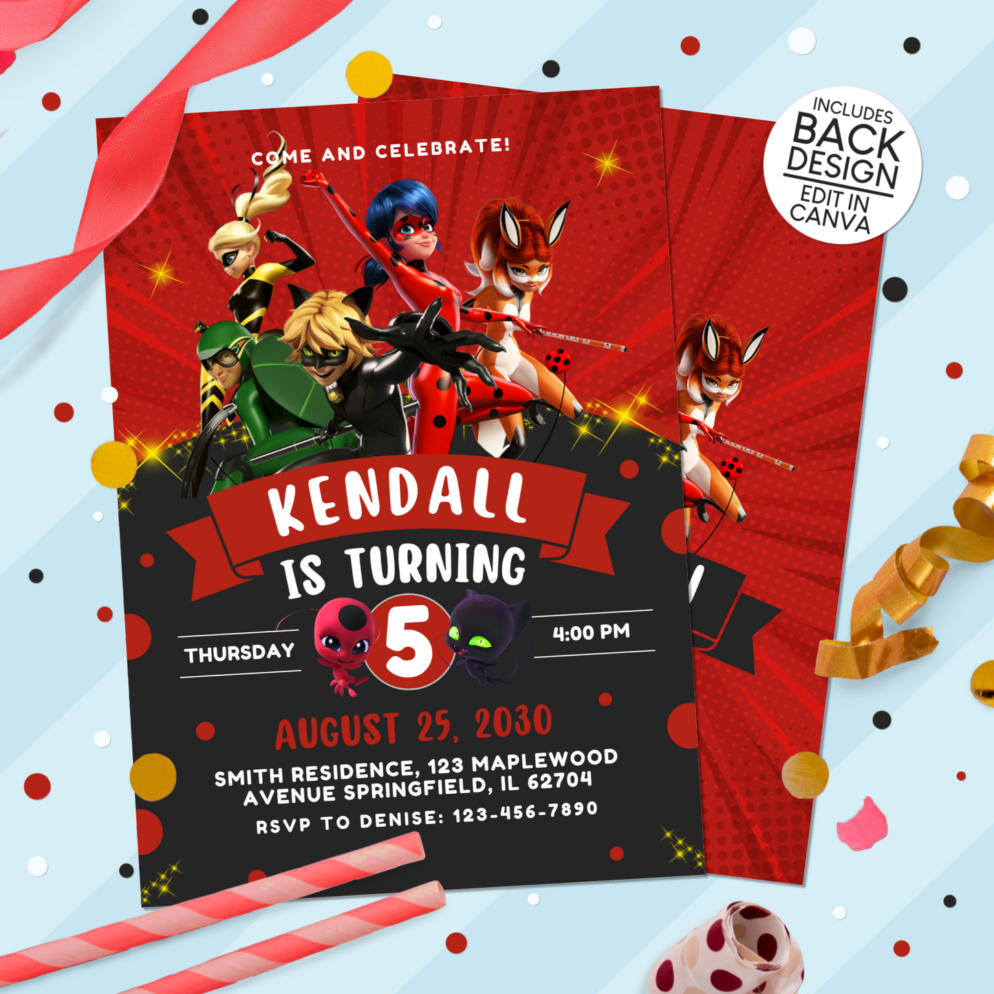 Miraculous Ladybug Birthday Party Invitation