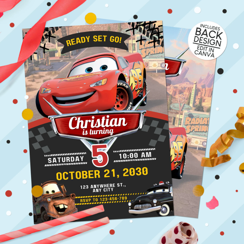 Cars Lightning McQueen Birthday Party Invitation