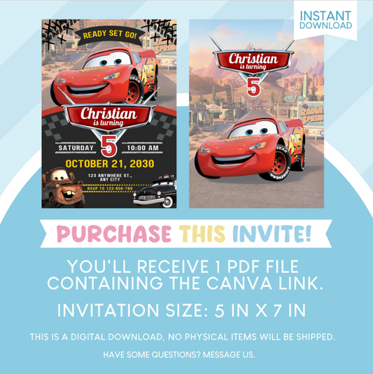 Cars Lightning McQueen Birthday Party Invitation