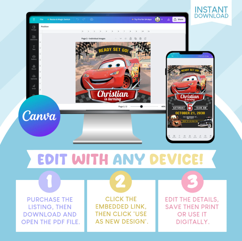 Cars Lightning McQueen Birthday Party Invitation