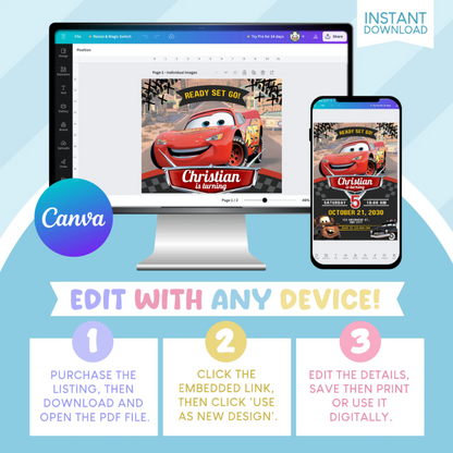 Cars Lightning McQueen Birthday Party Invitation