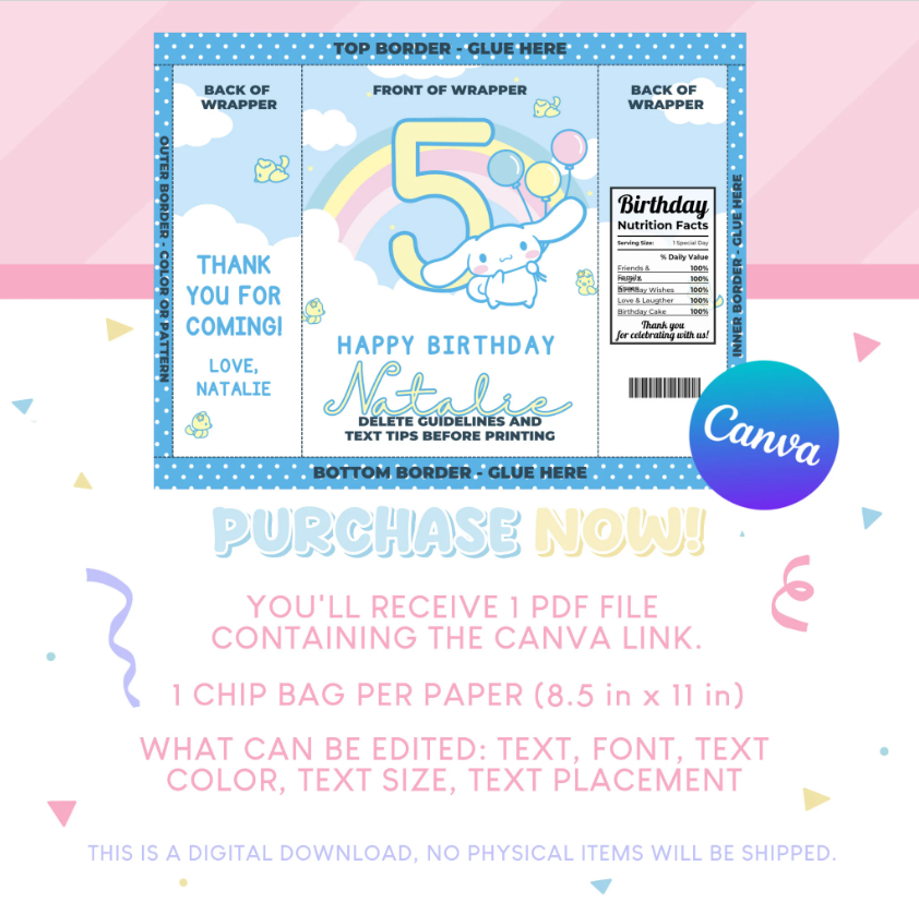Cinnamoroll Birthday Party Favor Chip Bag
