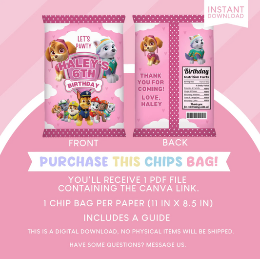 Paw Patrol Birthday Party Favor Chip Bag