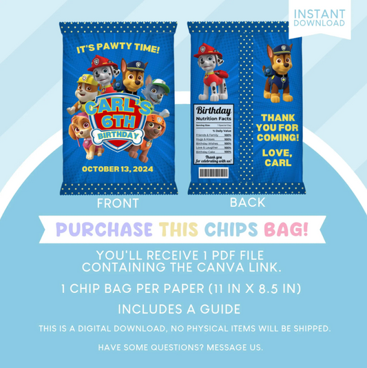 Paw Patrol Birthday Party Favor Chip Bag
