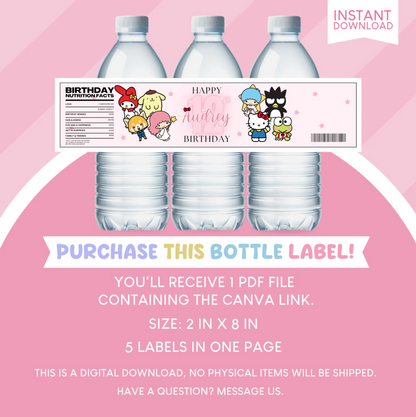 Sanrio Birthday Party Favor Water Bottle