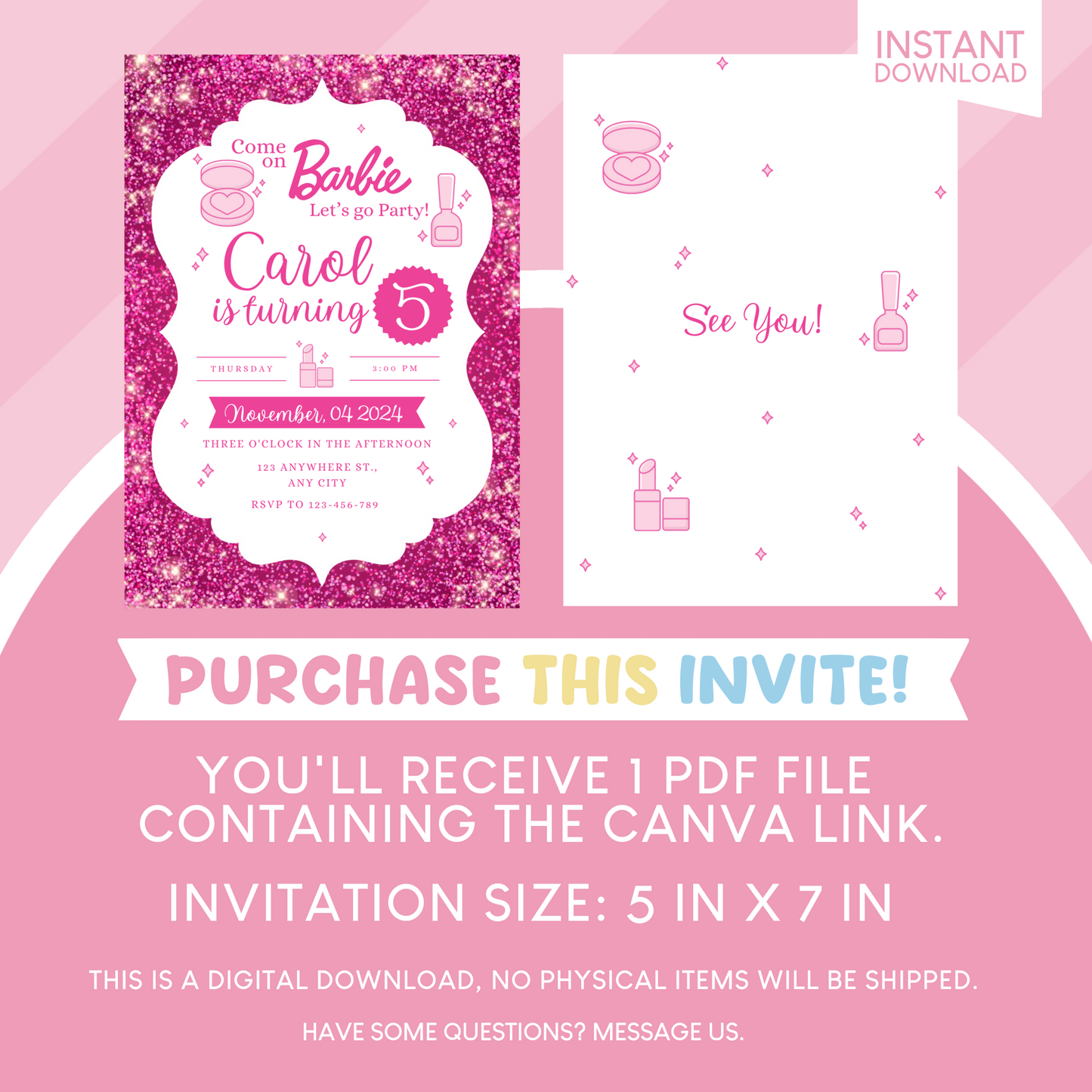 Barbie Glitter Birthday Party Invitation