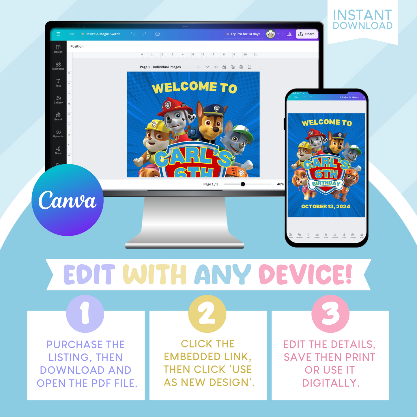 Paw Patrol Birthday Party Welcome Sign Poster