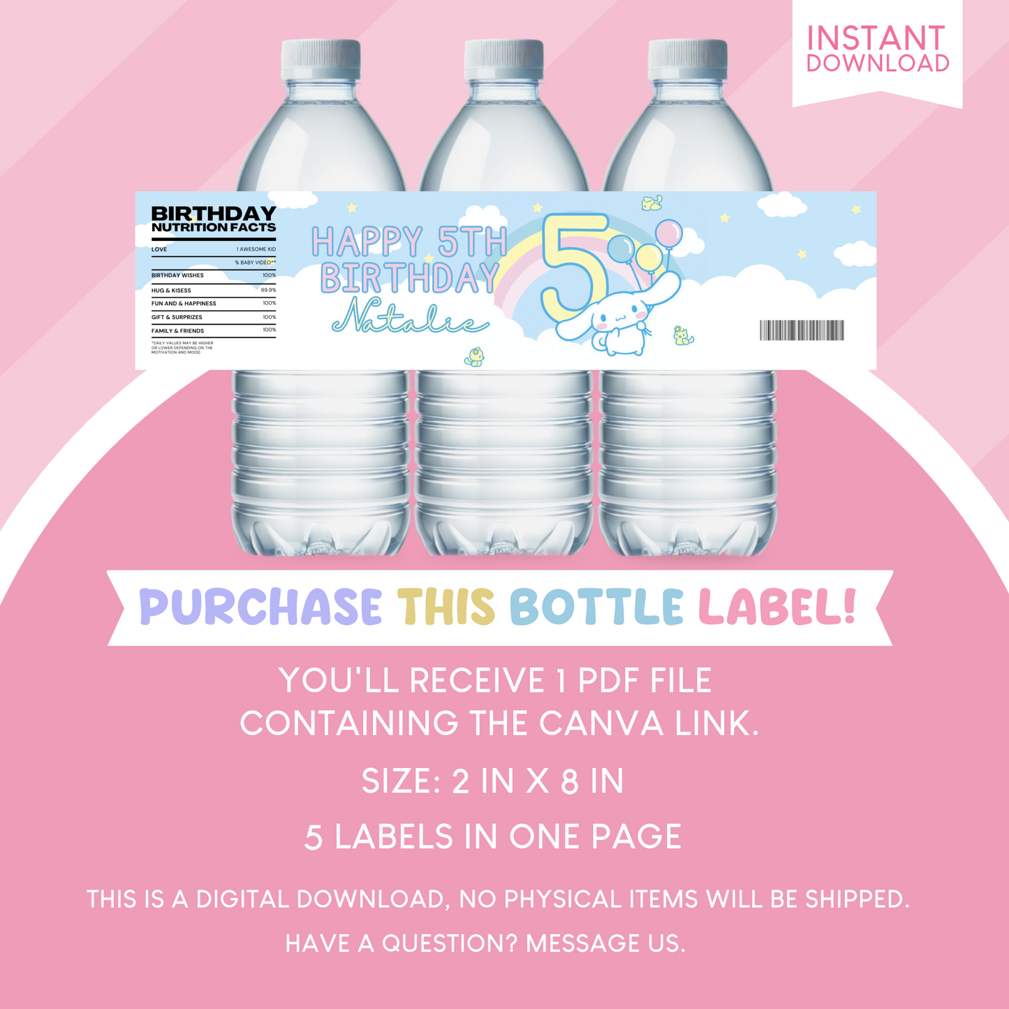 Cinnamoroll Birthday Party Favor Water Bottle