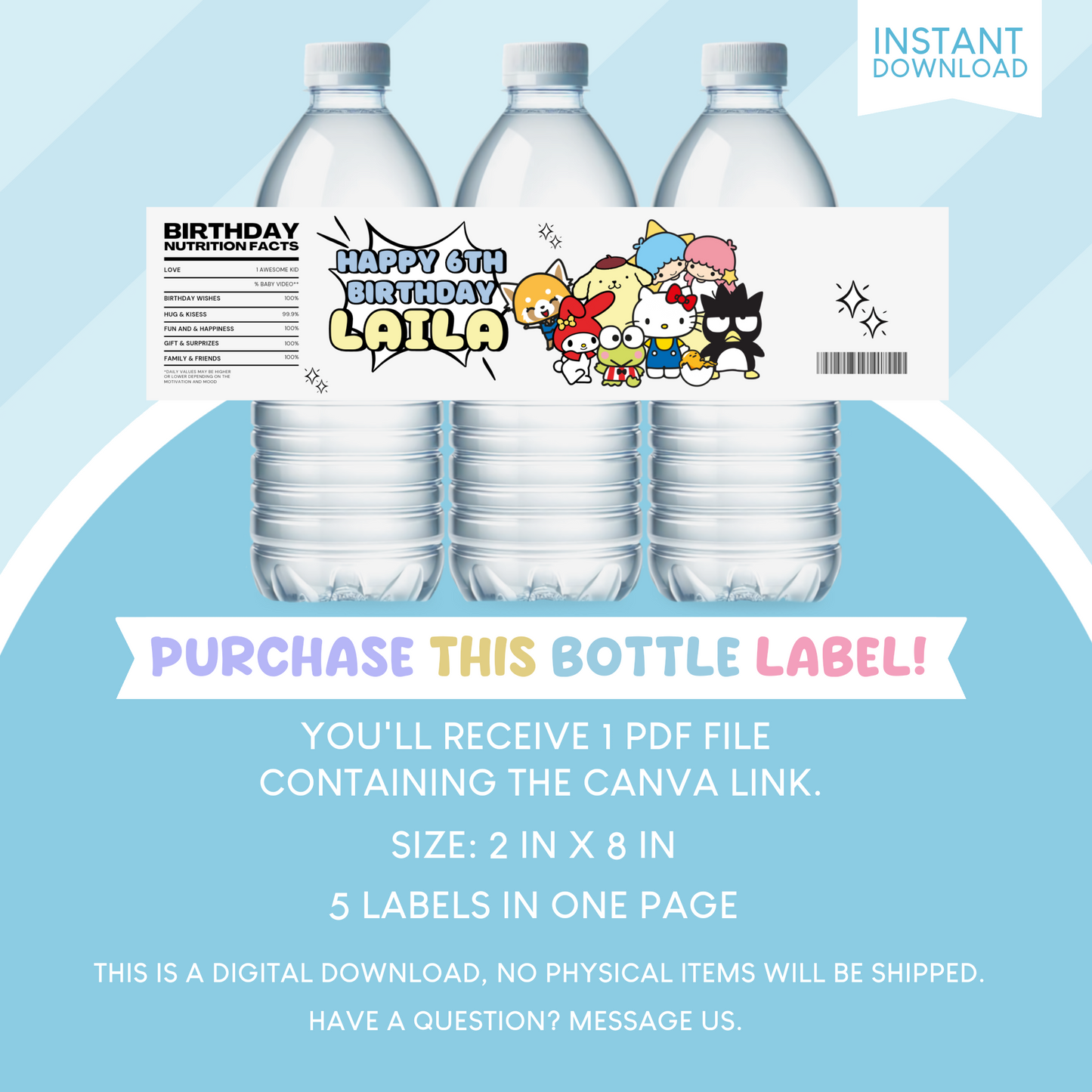 Sanrio Birthday Party Favor Water Bottle
