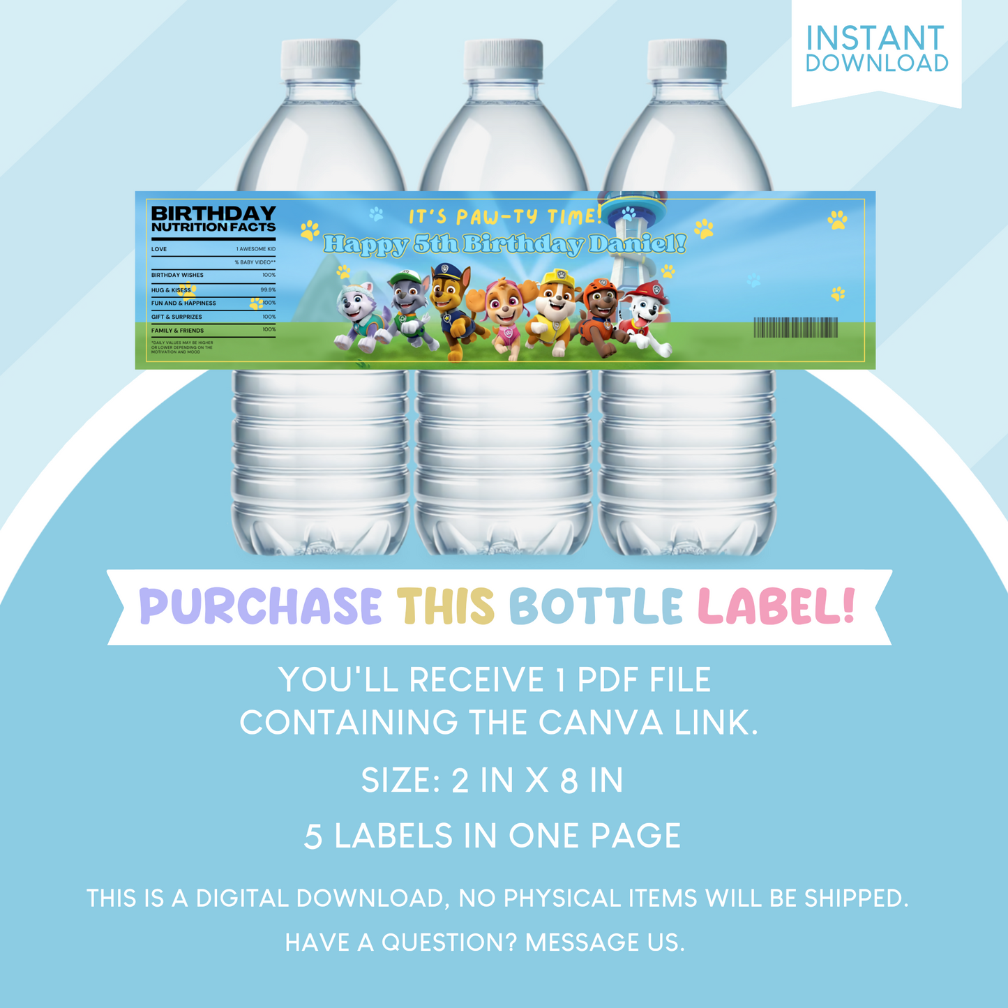 Paw Patrol Birthday Party Favor Water Bottle