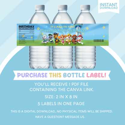 Paw Patrol Birthday Party Favor Water Bottle