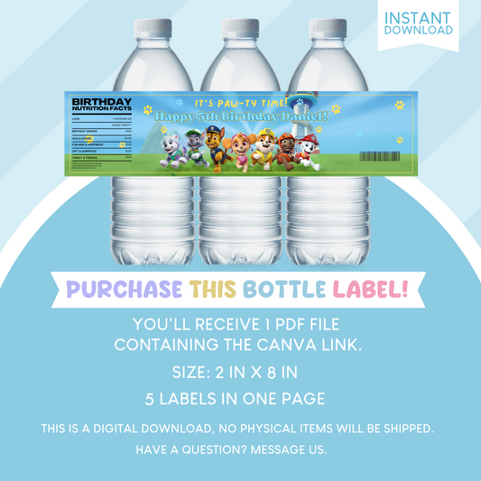 Paw Patrol Birthday Party Favor Water Bottle