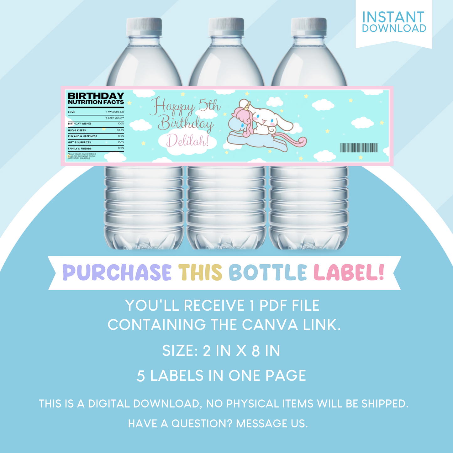 Cinnamoroll Birthday Party Favor Water Bottle