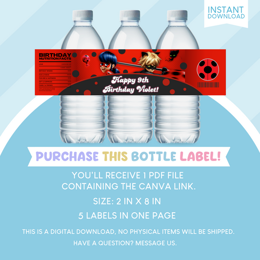 Miraculous Ladybug Birthday Party Favor Water Bottle