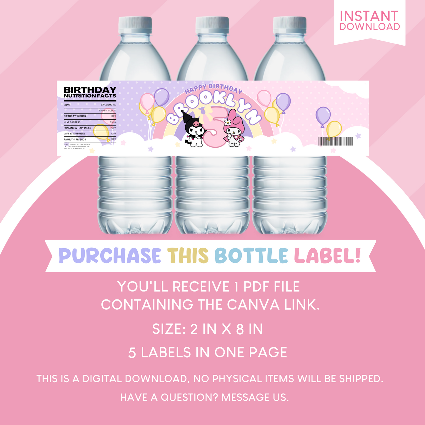 My Melody and Kuromi Birthday Party Favor Water Bottle