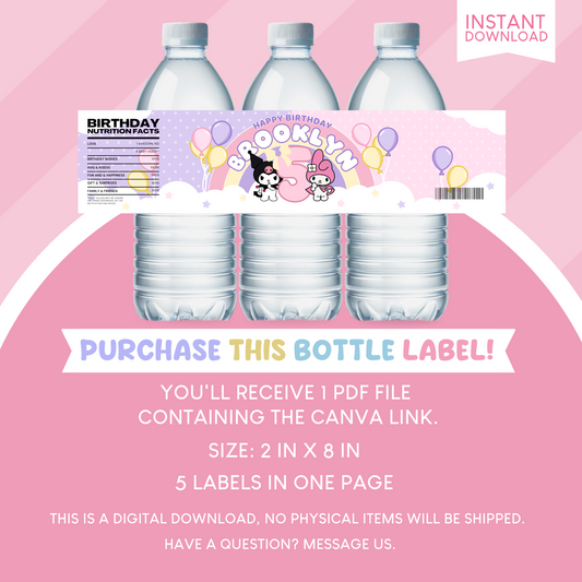 My Melody and Kuromi Birthday Party Favor Water Bottle