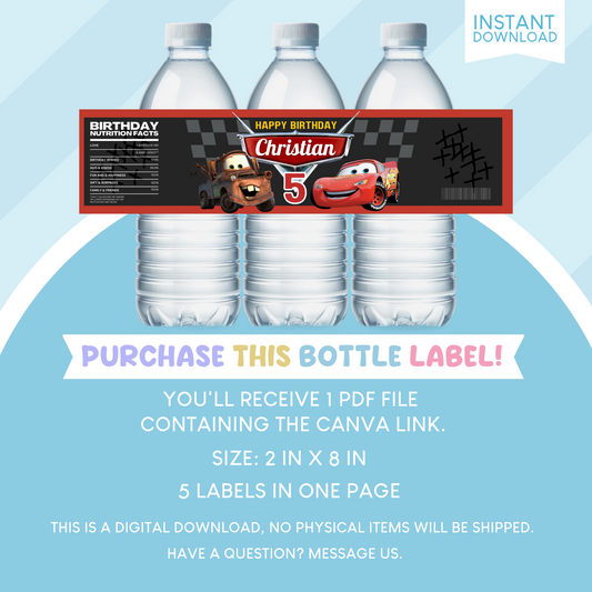 Cars Lightning Mcqueen Birthday Party Favor Water Bottle