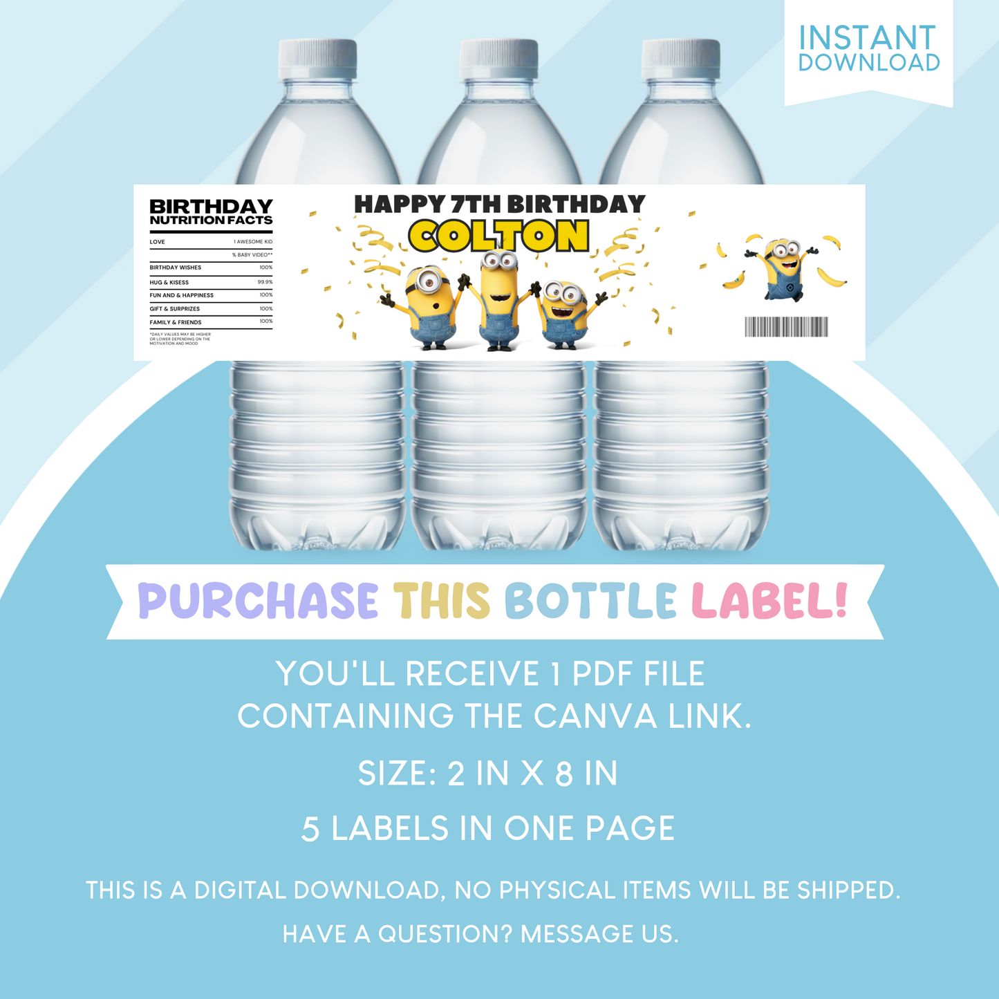 Minions Birthday Party Favor Water Bottle