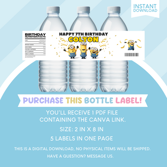 Minions Birthday Party Favor Water Bottle