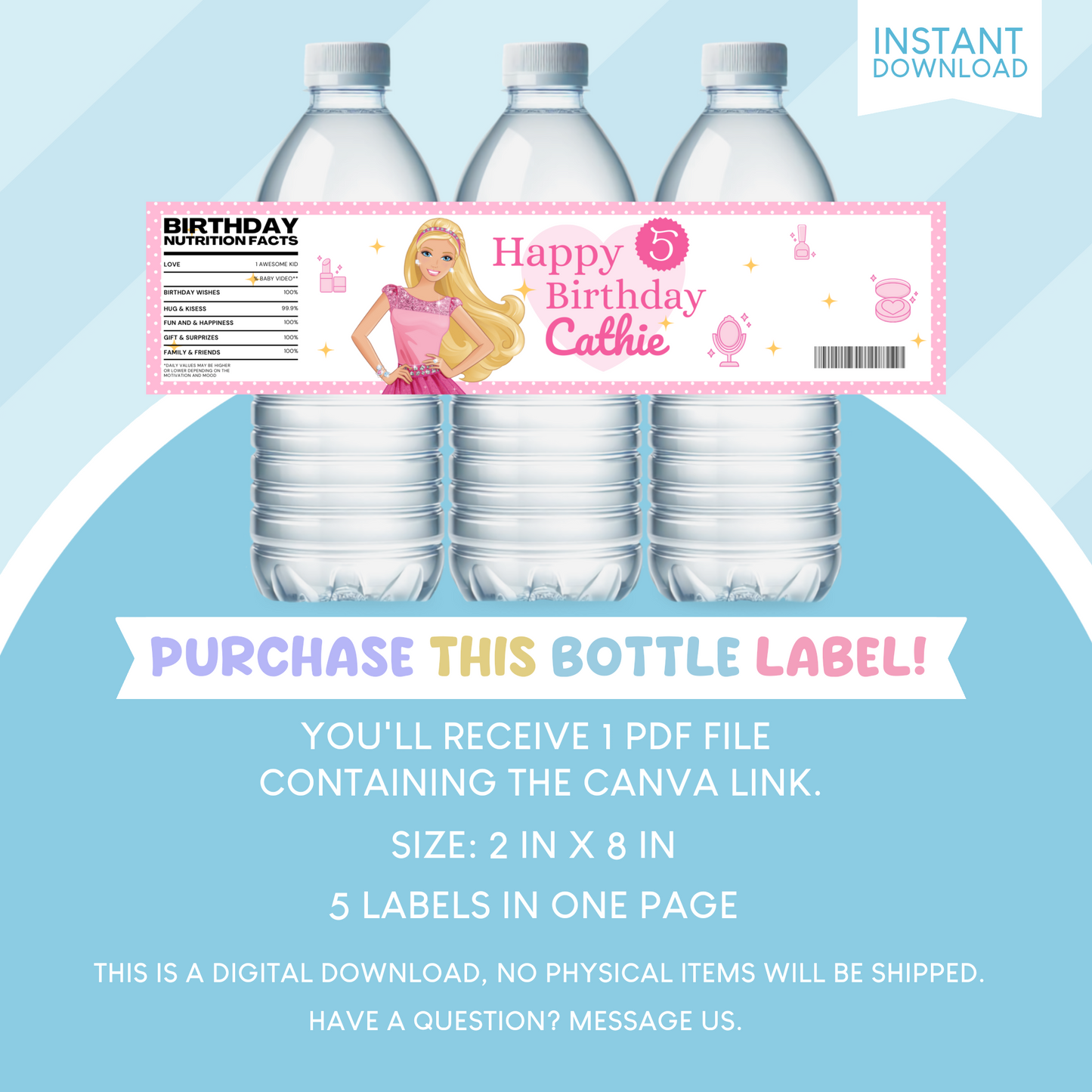 Barbie Birthday Party Favor Water Bottle