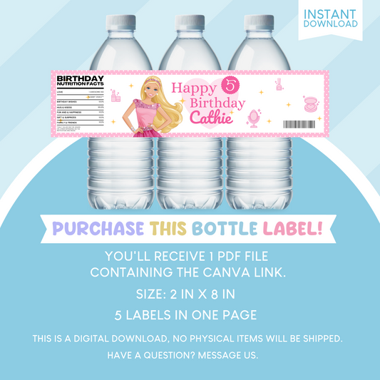 Barbie Birthday Party Favor Water Bottle