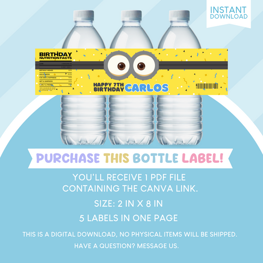Minions Birthday Party Favor Water Bottle