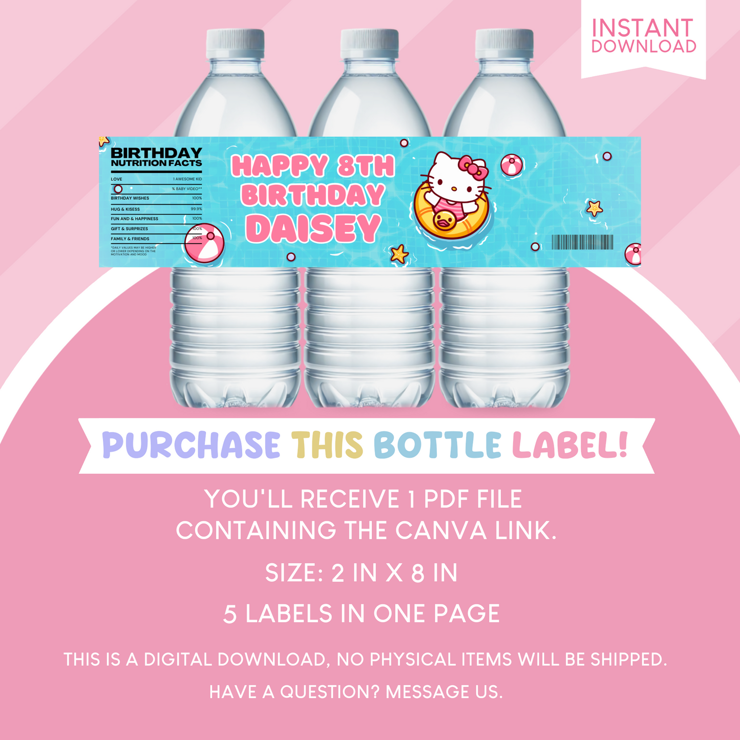 Hello Kitty Birthday Pool Party Favor Water Bottle
