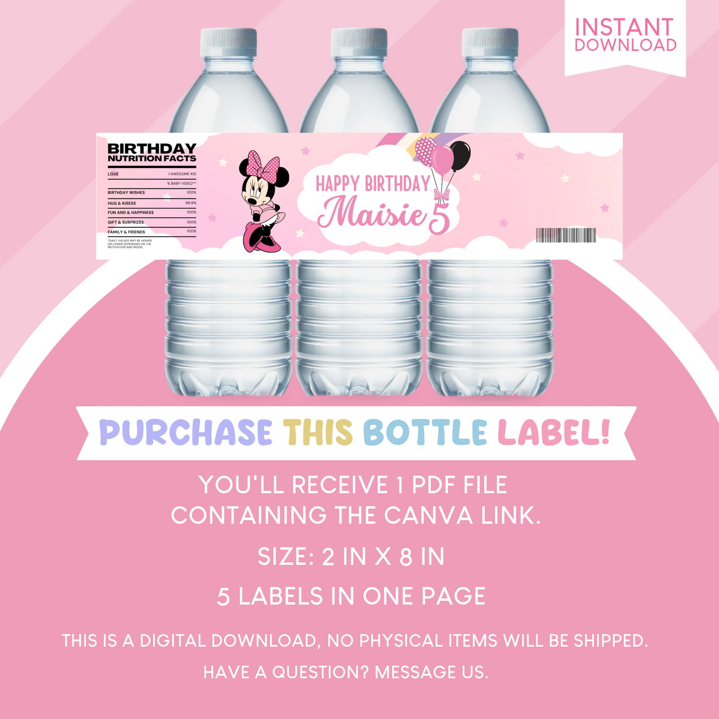Minnie Mouse Clubhouse Birthday Party Favor Water Bottle