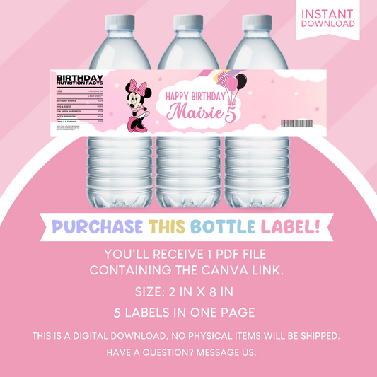 Minnie Mouse Clubhouse Birthday Party Favor Water Bottle