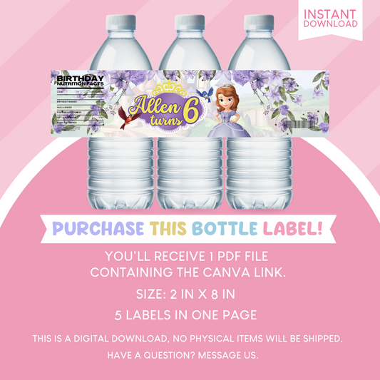 Sofia the First Birthday Party Favor Water Bottle