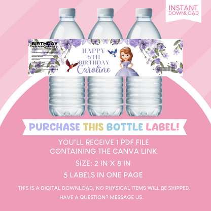 Sofia the First Birthday Party Favor Water Bottle