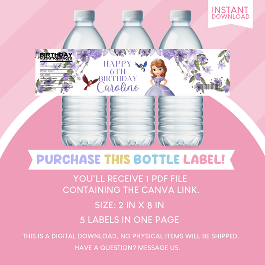 Sofia the First Birthday Party Favor Water Bottle