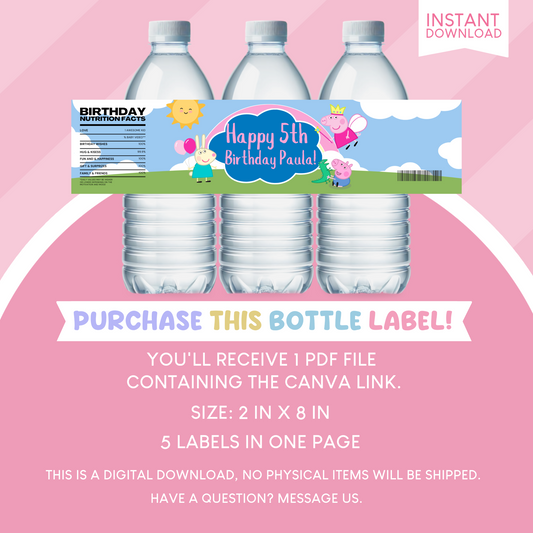 Peppa Pig Birthday Party Favor Water Bottle