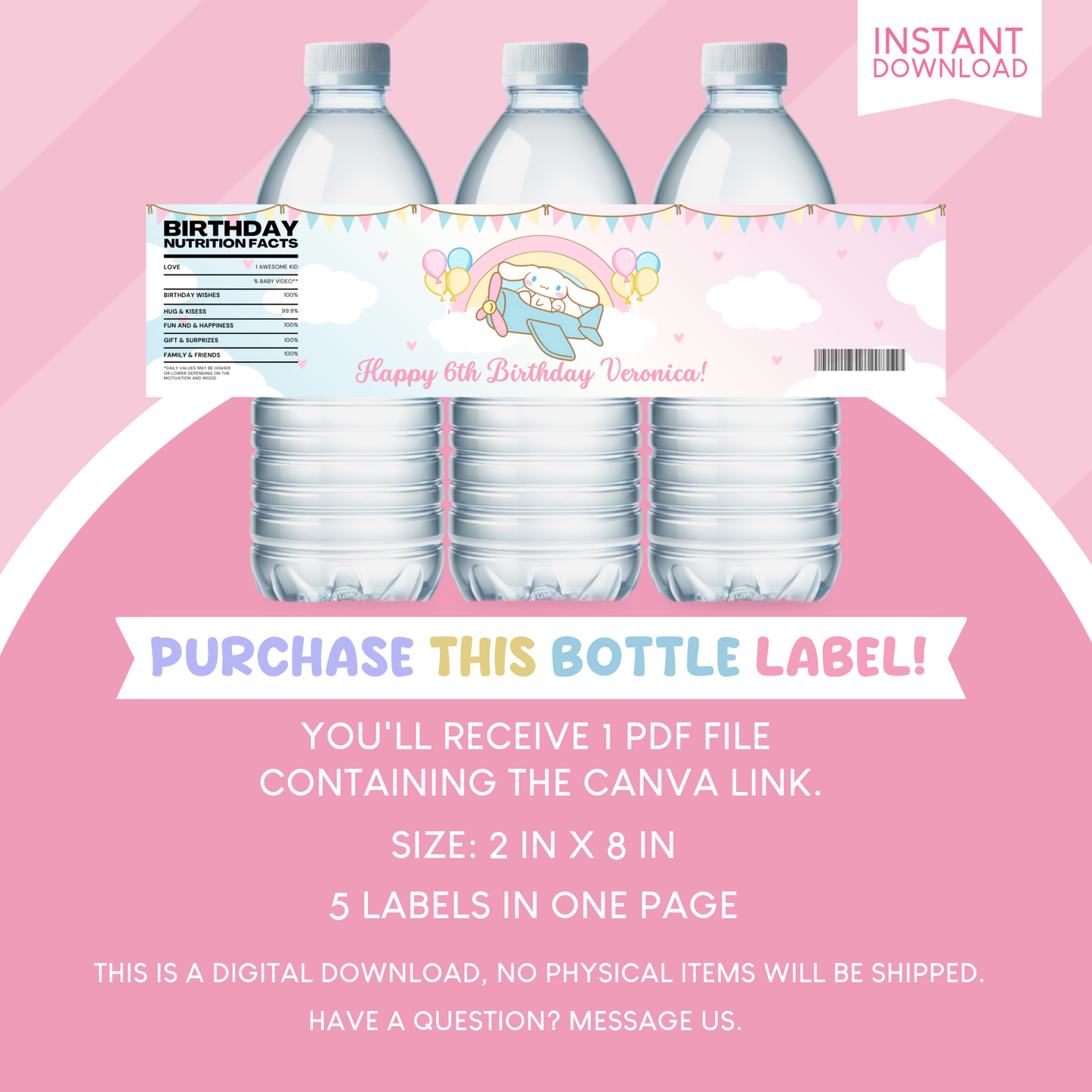 Cinnamoroll Birthday Party Favor Water Bottle
