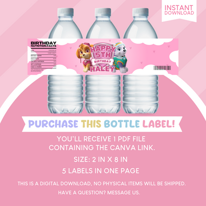 Paw Patrol Birthday Party Favor Water Bottle