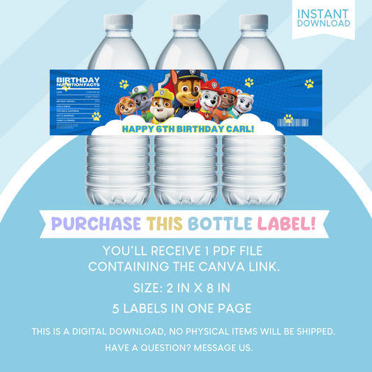 Paw Patrol Birthday Party Favor Water Bottle