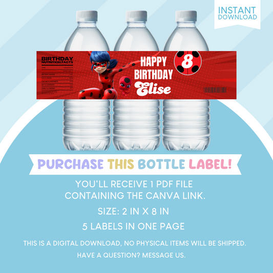 Miraculous Ladybug Birthday Party Favor Water Bottle