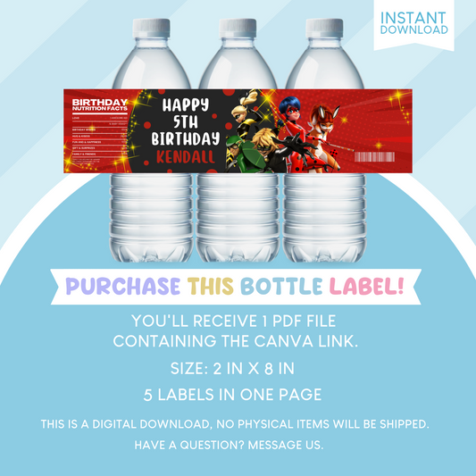Miraculous Ladybug Birthday Party Favor Water Bottle