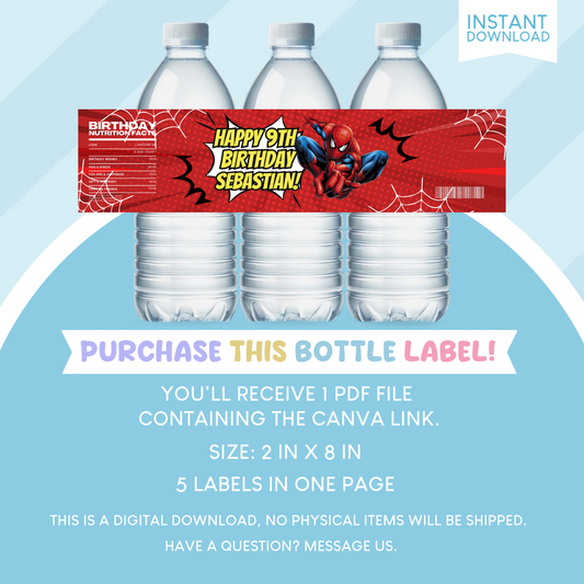 Spiderman Superhero Birthday Party Favor Water Bottle